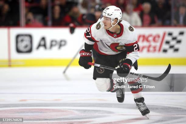 Parker Kelly of the Ottawa Senators skates without the puck during the third period of their game against the Carolina Hurricanes at PNC Arena on...