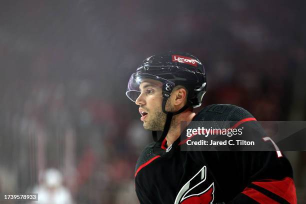 Tony DeAngelo of the Carolina Hurricanes looks on during the third period of their game against the Ottawa Senators at PNC Arena on October 11, 2023...