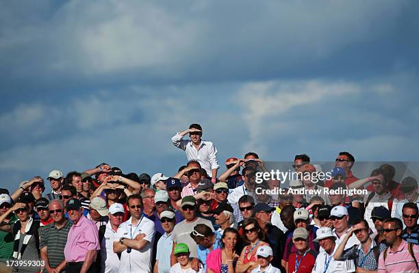 General view of the crowd watching the action during the first round of the 142nd Open Championship at Muirfield on July 18, 2013 in Gullane,...