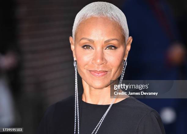 Jada Pinkett Smith arrives at 'The Late Show With Stephen Colbert' at the Ed Sullivan Theater on October 16, 2023 in New York City.