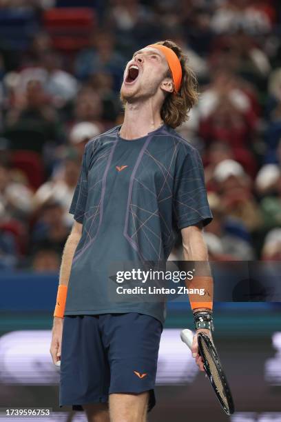 Andrey Rublev of Russia reacts in the Men's Singles final match against Hubert Hurkacz of Poland on Day 14 of the 2023 Shanghai Rolex Masters at Qi...