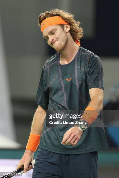 Andrey Rublev of Russia reacts in the Men's Singles final match against Hubert Hurkacz of Poland on Day 14 of the 2023 Shanghai Rolex Masters at Qi...