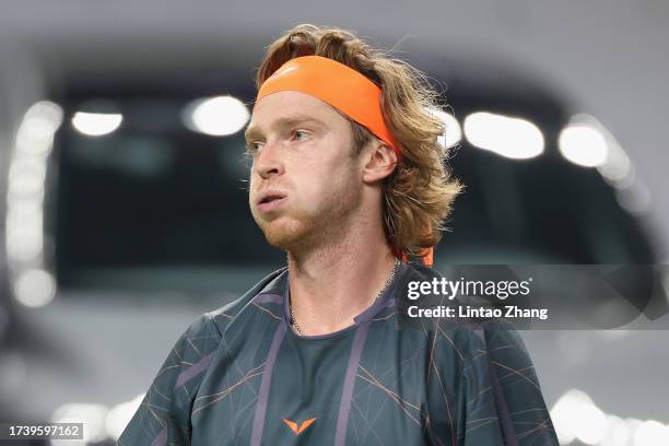 Andrey Rublev of Russia reacts in the Men's Singles final match against Hubert Hurkacz of Poland on Day 14 of the 2023 Shanghai Rolex Masters at Qi...