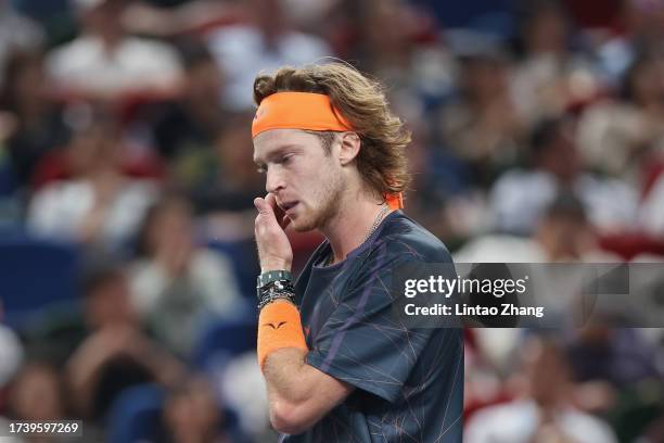 Andrey Rublev of Russia reacts in the Men's Singles final match against Hubert Hurkacz of Poland on Day 14 of the 2023 Shanghai Rolex Masters at Qi...