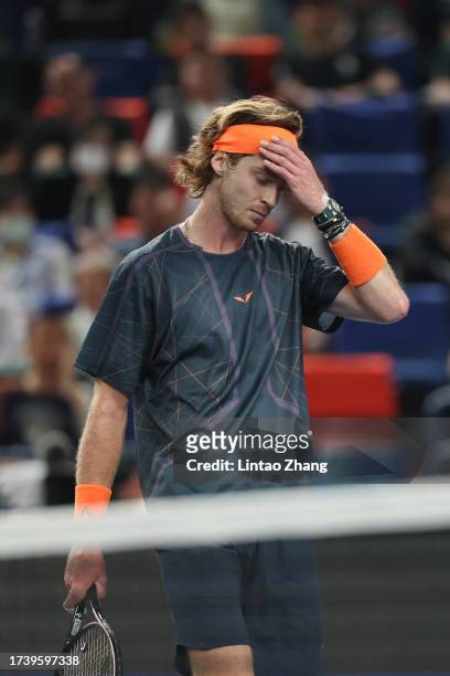 Andrey Rublev of Russia reacts in the Men's Singles final match against Hubert Hurkacz of Poland on Day 14 of the 2023 Shanghai Rolex Masters at Qi...