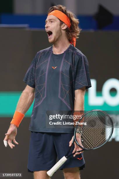 Andrey Rublev of Russia reacts in the Men's Singles final match against Hubert Hurkacz of Poland on Day 14 of the 2023 Shanghai Rolex Masters at Qi...