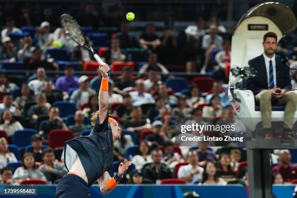 Andrey Rublev of Russia competes against Hubert Hurkacz of Poland in the Men's Singles Final match on Day 14 of 2023 Shanghai Rolex Masters at Qi...