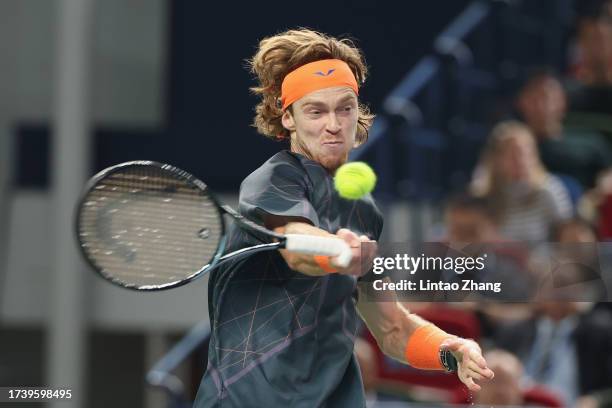 Andrey Rublev of Russia competes against Hubert Hurkacz of Poland in the Men's Singles Final match on Day 14 of 2023 Shanghai Rolex Masters at Qi...