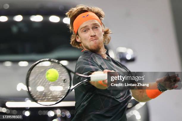 Andrey Rublev of Russia competes against Hubert Hurkacz of Poland in the Men's Singles Final match on Day 14 of 2023 Shanghai Rolex Masters at Qi...