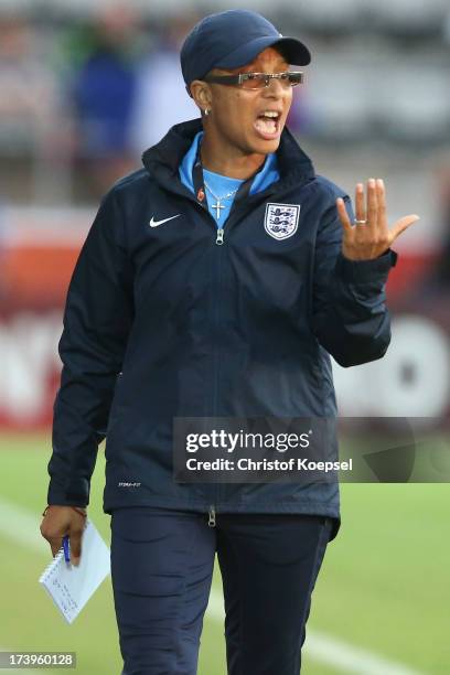 Head coach Hope Powell of England shouts during the UEFA Women's EURO 2013 Group C match between France and England at Linkoping Arena on July 18,...