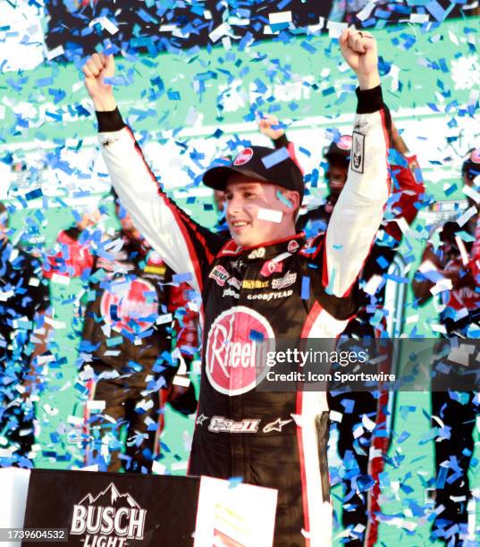 Christopher Bell celebrates winning the NASCAR Cup Series Playoff 4EVER 400 on October 22 at Homestead-Miami Speedway in Homestead, FL.