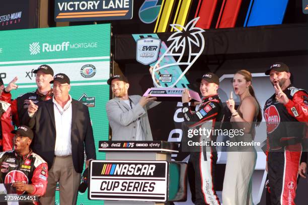 Christopher Bell celebrates winning the NASCAR Cup Series Playoff 4EVER 400 on October 22 at Homestead-Miami Speedway in Homestead, FL.