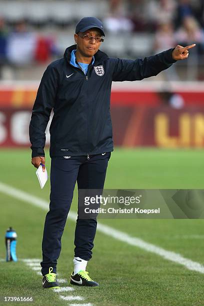 Head coach Hope Powell of England issues instructions during the UEFA Women's EURO 2013 Group C match between France and England at Linkoping Arena...