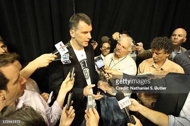 July 18: Brooklyn Nets Owner Mikhail Prokhorov speaks to reporters during a press conference at the Barclays Center on July 18, 2013 in the Brooklyn...
