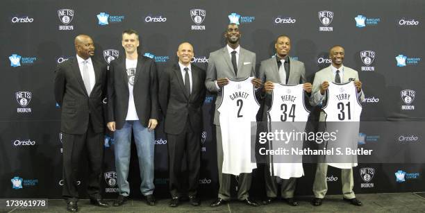 July 18: General Manager Billy King, majority owner Mikhail Prokhorov, Head Coach Jason Kidd, Kevin Garnett, Paul Pierce, and Jason Terry of the...