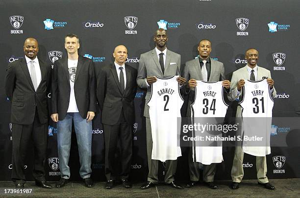 July 18: General Manager Billy King, majority owner Mikhail Prokhorov, Head Coach Jason Kidd, Kevin Garnett, Paul Pierce, and Jason Terry of the...