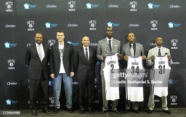 July 18: General Manager Billy King, majority owner Mikhail Prokhorov, Head Coach Jason Kidd, Kevin Garnett, Paul Pierce, and Jason Terry of the...