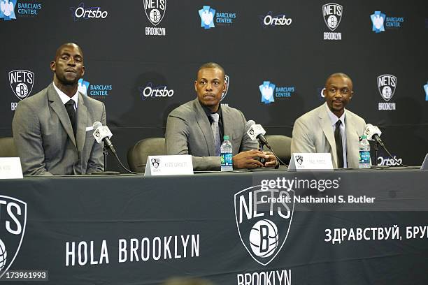 July 18: Kevin Garnett, Paul Pierce, and Jason Terry of the Brooklyn Nets speak to media during a press conference at the Barclays Center on July 18,...