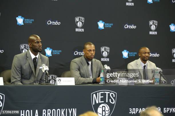 July 18: Kevin Garnett, Paul Pierce, and Jason Terry of the Brooklyn Nets speak to media during a press conference at the Barclays Center on July 18,...