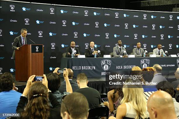 July 18: General Manager Billy King, Head Coach Jason Kidd, Kevin Garnett, Paul Pierce, and Jason Terry of the Brooklyn Nets are introduced at a...