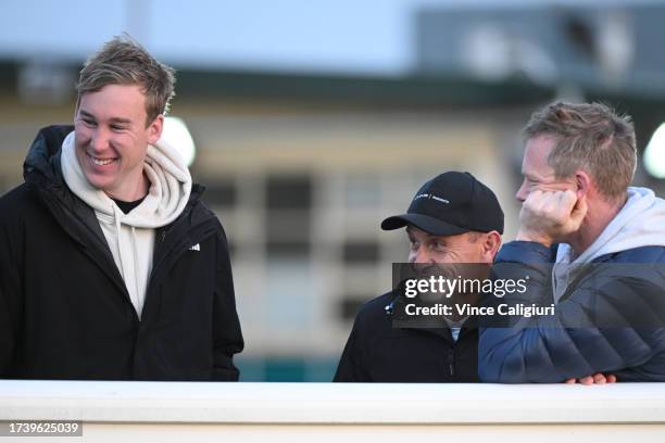 Chris Waller, trainer of Soulcombe after watching gallop with Richmond footballers and part owners Jack Riewoldt, Jayden Short and Tom Lynch during...