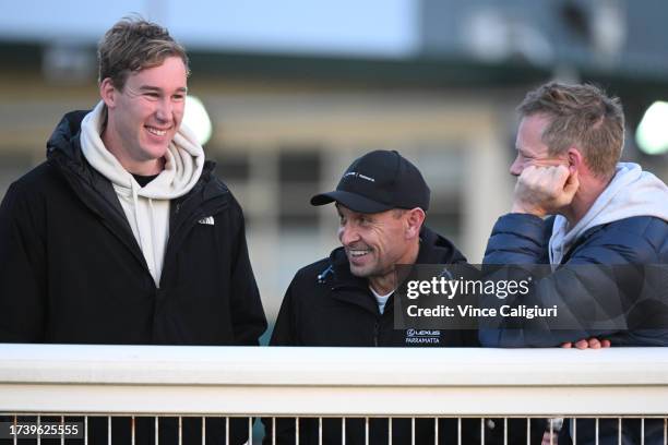 Chris Waller, trainer of Soulcombe after watching gallop with Richmond footballers and part owners Jack Riewoldt, Jayden Short and Tom Lynch during...