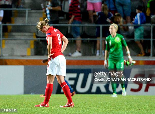 England's forward Ellen White reacts after the UEFA Women's European Championship Euro 2013 group C football match France vs England on July 18, 2013...