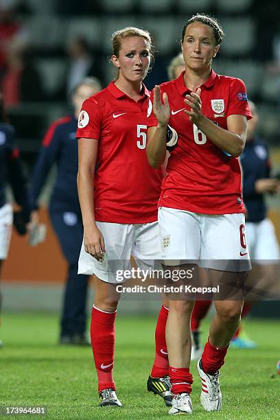 Sophie Bradley and Casey Stoney of England look dejected after the UEFA Women's EURO 2013 Group C match between France and England at Linkoping Arena...