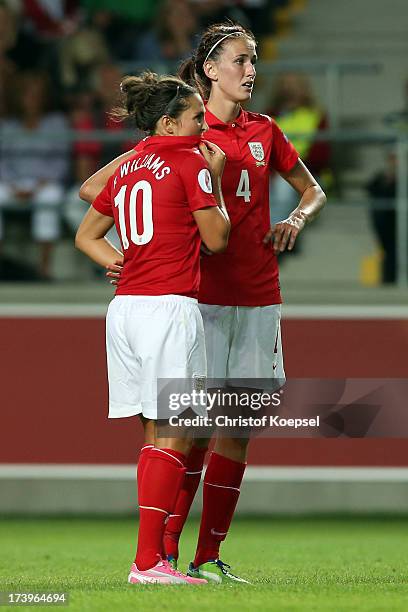 Fara Williams and Jill Scott of England look dejected after the UEFA Women's EURO 2013 Group C match between France and England at Linkoping Arena on...