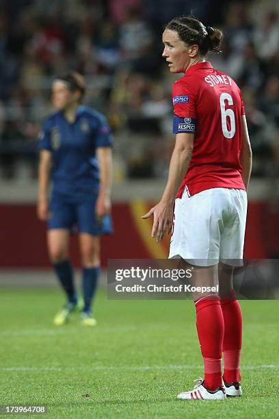 Casey Stoney of England looks dejected after the UEFA Women's EURO 2013 Group C match between France and England at Linkoping Arena on July 18, 2013...