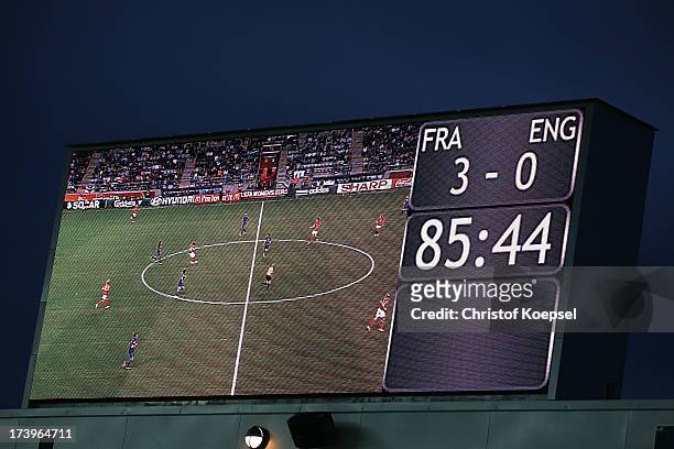 The video board shows the result of the UEFA Women's EURO 2013 Group C match between France and England at Linkoping Arena on July 18, 2013 in...