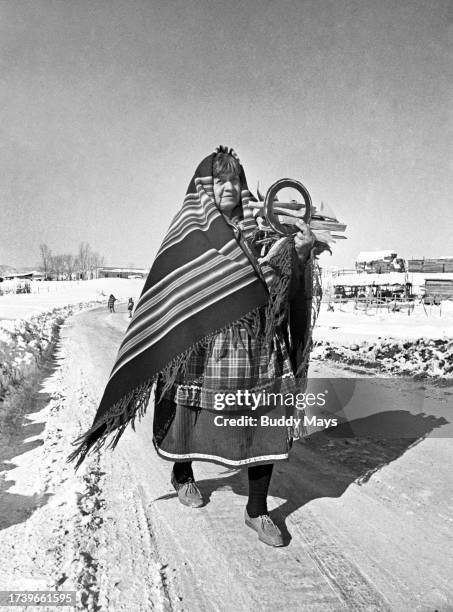 Cochiti Pueblo grandmother carrying a makeshift prayer ring gathers firewood along an access road near her home in Cochiti Indian Pueblo in New...