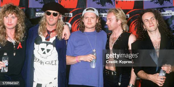 English rock band Def Leppard at the MTV Video Music Awards in Los Angeles, USA on 9th September 1992. They are Rick Savage, Joe Elliott, Rick Allen...