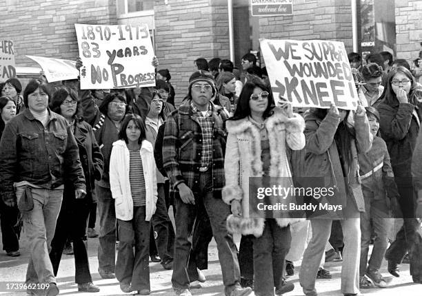 Protesters at the nonviolent Navajo Indian Protests of 1973, in Gallup, New Mexico, organized by AIM, the American Indian Movement, protesting the...