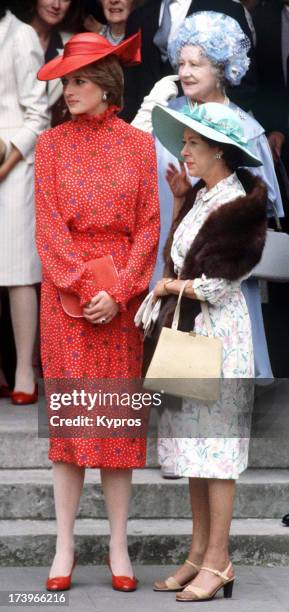 Lady Diana Spencer with the Queen Mother and Princess Margaret during Nicholas Soames' wedding in Westminster, London, 4th June 1981.