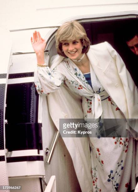 Prince Charles and Diana, Princess of Wales leave Eastleigh airport in Hampshire at the start of their honeymoon, August 1981. She is wearing a...
