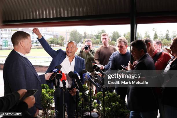 Wallabies head coach Eddie Jones speaks to the media during a Rugby Australia press conference at Coogee Oval on October 17, 2023 in Sydney,...