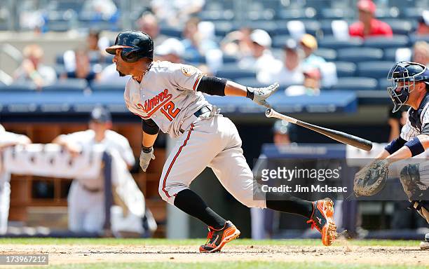 Alexi Casilla of the Baltimore Orioles in action against the New York Yankees at Yankee Stadium on July 6, 2013 in the Bronx borough of New York...