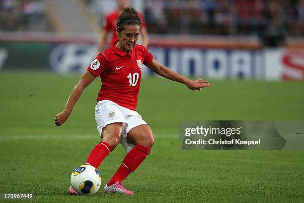 Fara Williams of England runs with the ball during the UEFA Women's EURO 2013 Group C match between France and England at Linkoping Arena on July 18,...