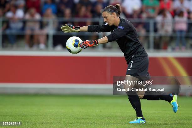 Celine Deville of France shoots the ball during the UEFA Women's EURO 2013 Group C match between France and England at Linkoping Arena on July 18,...