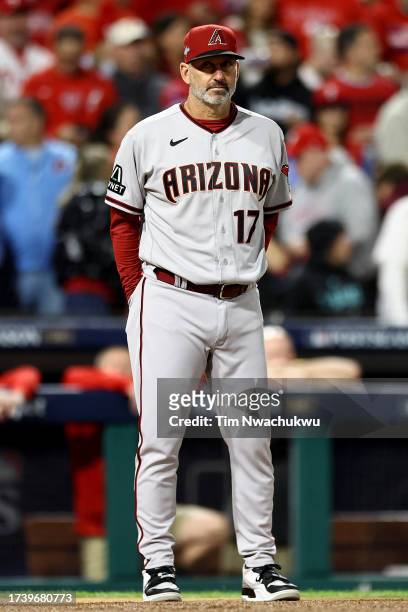 Manager Torey Lovullo of the Arizona Diamondbacks looks on prior to Game One of the Championship Series against the Philadelphia Phillies at Citizens...