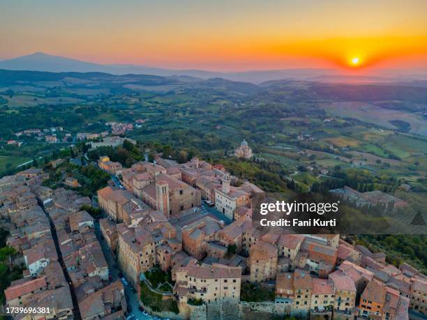 montepulciano at sunset, tuscan town from drone - montepulciano stock pictures, royalty-free photos & images