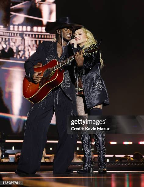 David Banda and Madonna perform during The Celebration Tour at The O2 Arena on October 15, 2023 in London, England.