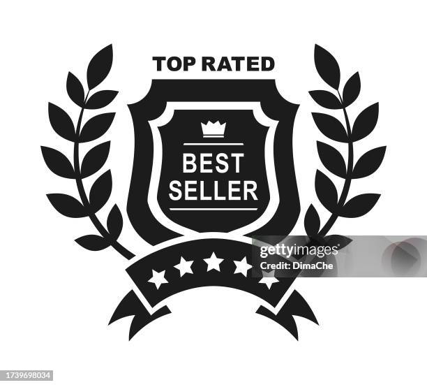 ilustraciones, imágenes clip art, dibujos animados e iconos de stock de emblema del premio más vendido mejor calificado - icono vectorial recortado - slogan logo
