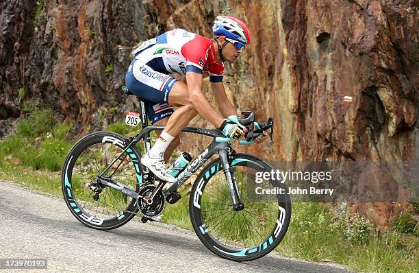 Johnny Hoogerland of the Netherlands and Team Vacansoleil-DCM descends the Col de Sarenne during stage eighteen of the 2013 Tour de France, a 172.5KM...