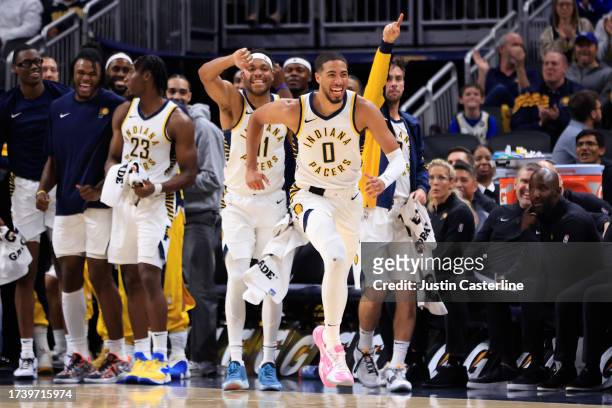 Tyrese Haliburton of the Indiana Pacers reacts after a play in the game against the Atlanta Hawks during the first half at Gainbridge Fieldhouse on...