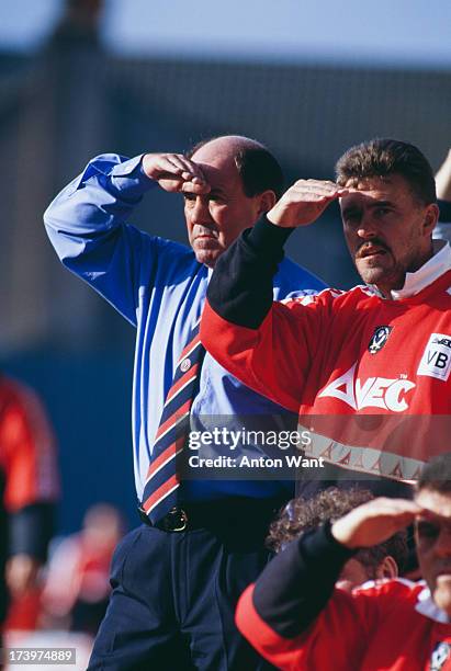 Sheffield United manager Howard Kendall watches his team play Grimsby Town In an English Division One match at Blundell Park, Grimsby, 3rd November...