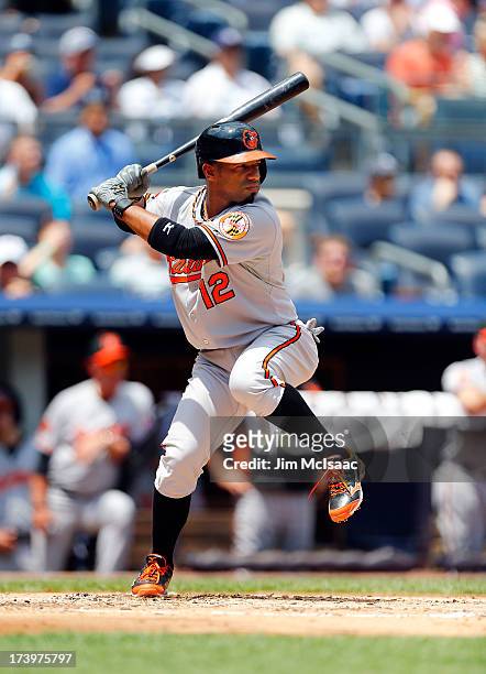 Alexi Casilla of the Baltimore Orioles in action against the New York Yankees at Yankee Stadium on July 6, 2013 in the Bronx borough of New York...