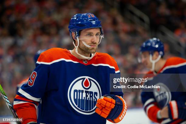 Leon Draisaitl of the Edmonton Oilers skates against the Vancouver Canucks during the second period at Rogers Place on October 14, 2023 in Edmonton,...