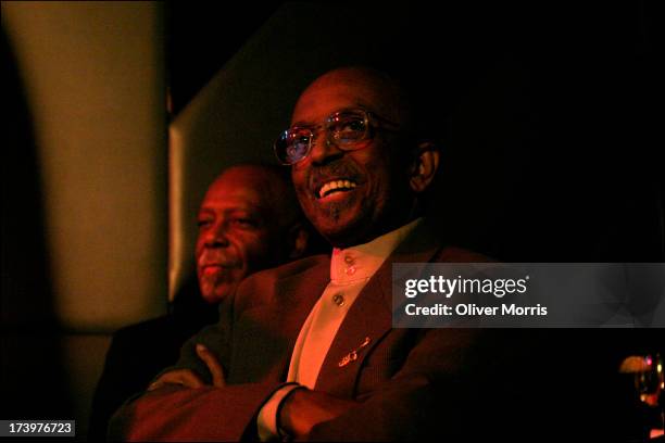 David 'Fathead' Newman , saxophone, and Jimmy 'Little Bird' Heath, saxophone, performing at the Blue Note jazz club in a tribute to Coleman Hawkins ,...